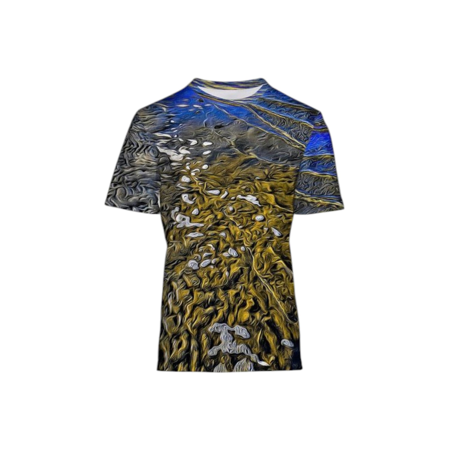 Men's all over printed t-shirt. The image if called Ebb and Flow. It is of the beach at low tide.