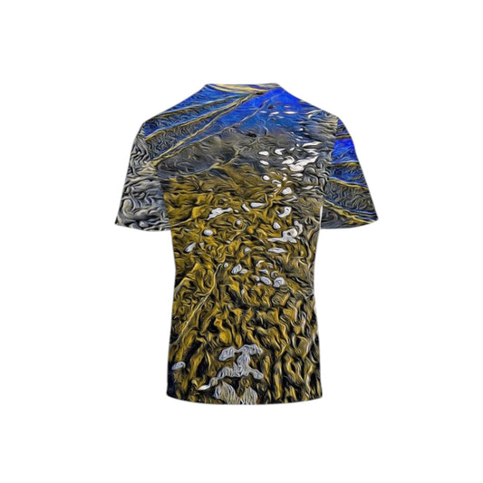 The back side Men's all over printed t-shirt. The image if called Ebb and Flow. It is of the beach at low tide.