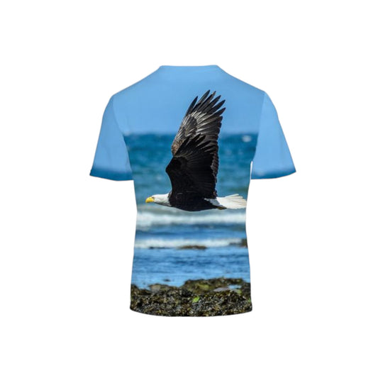 Back side of the All over printed men's Vancouver Island t-shirt. The image is of a eagle flying along the beach.