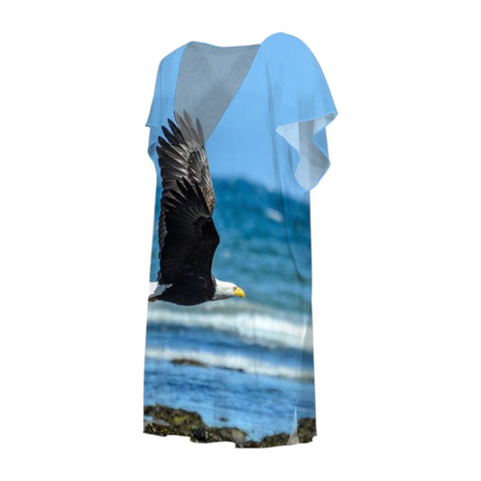 All over print beach dress featuring a eagle flying over the beach.