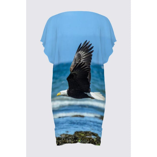 All over print beach dress featuring a eagle flying over the beach.