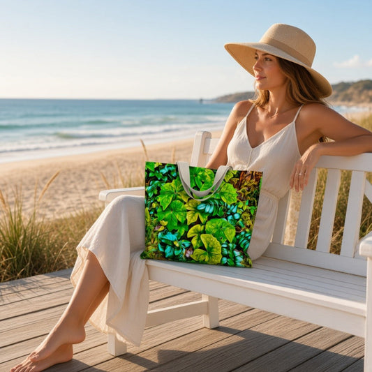 A woman in a white dress and wide-brim straw hat sits on a white bench at the beach, holding a large tote bag with a vivid green leaf print.