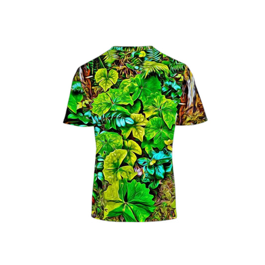 Back side of the All over printed men's t-shirt. The image is of the spring green leaves that emerge from the ground.