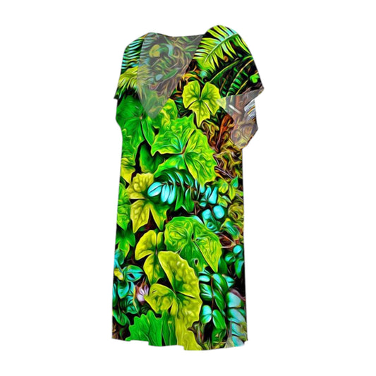 All over print beach dress with image of spring green leaves.