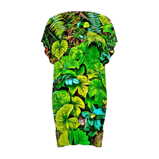 Back side of All over print beach dress with image of spring green leaves.