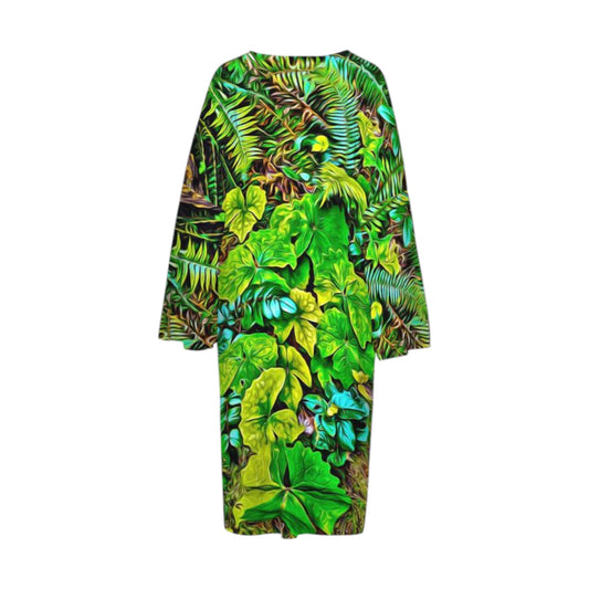 Back side All over print long sleeve kimono wrap featuring spring green leaves.