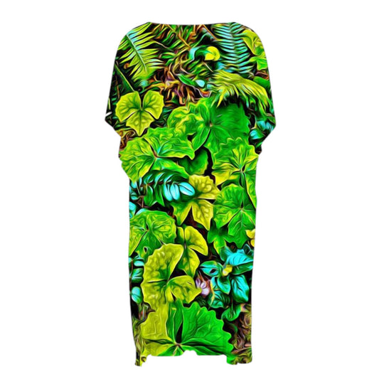 Reverse side All over print short sleeve kimono wrap featuring the spring green that emerges from the ground when the weather warms in Cathedral Grove.