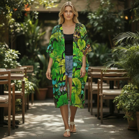 Woman wearing a green floral kimono in an outdoor setting with plants and tables.