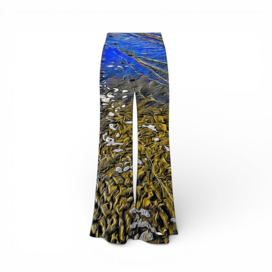 Tie with a blue and gold abstract pattern on a white background