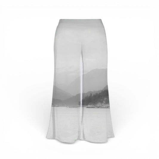 Pants with mountain landscape print on a white background