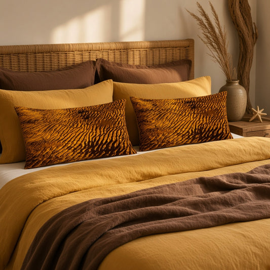 A styled bed with mustard yellow bedding, two brown textured throw pillows, a brown blanket draped across the foot, a woven headboard, and warm natural light in a bedroom setting.
