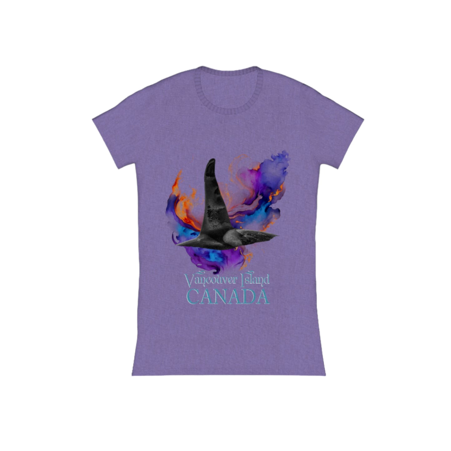 Orca Aura Vancouver Island Canada Comfort Slim Fit T-shirt. The image is of a male orca dorsal fin with an abstract of purple, blue gold background. by van isle goddess dot com