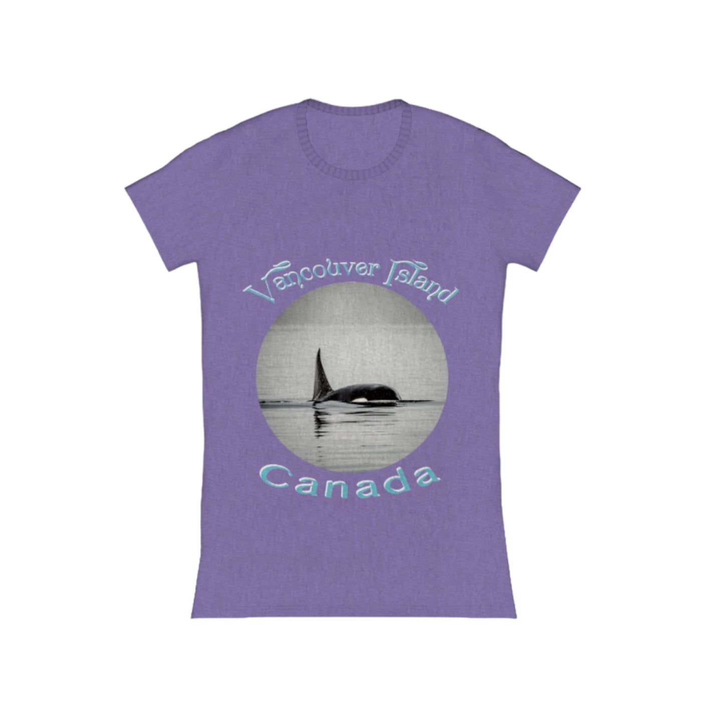 Orca Spray Vancouver Island Canada Comfort Slim Fit T-shirt. The image on the front of the t shirt is a orca in the ocean . The words on the shirt read vancouver island canada