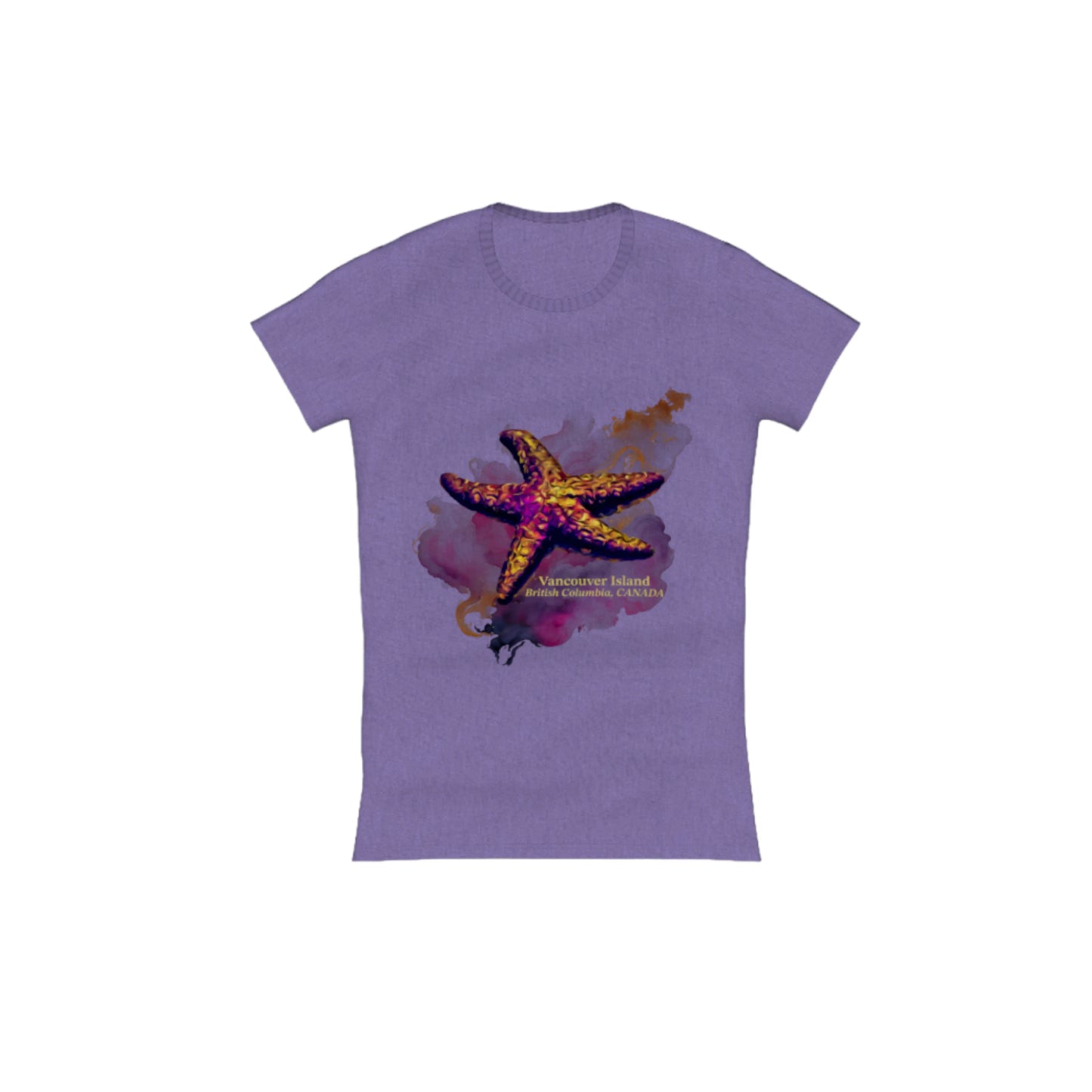 Star Track Vancouver Island BC Canada Comfort Slim Fit T-shirt. The image is of a starfish with a colourful abstract background. The words read Vancouver Island British Columbia Canada