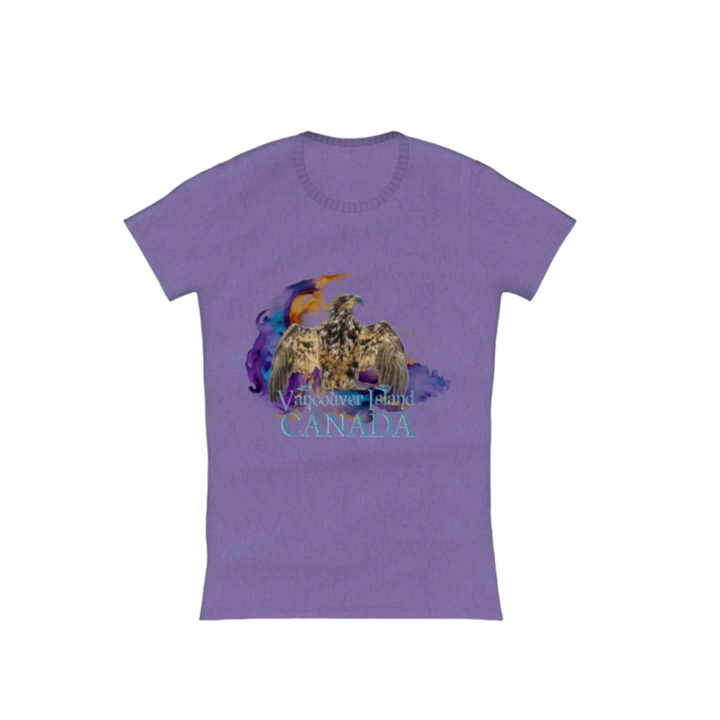 Thunderbird Vancouver Island Canada Comfort Slim Fit T-shirt. the image is of a eagle in the thunderbird position with a colourful abstract background. the words read Vancouver Island Canada