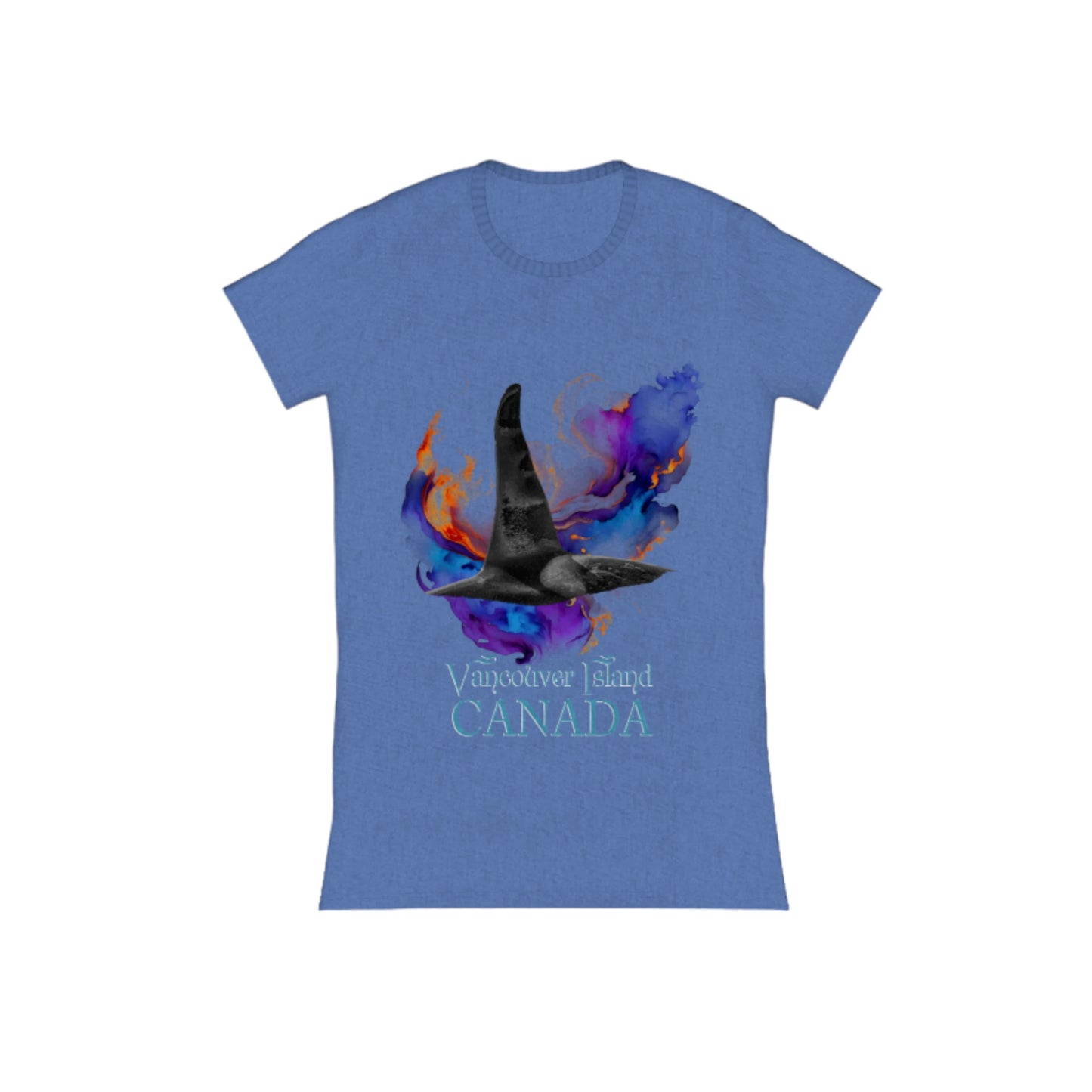Orca Aura Vancouver Island Canada Comfort Slim Fit T-shirt. The image is of a male orca dorsal fin with an abstract of purple, blue gold background. by van isle goddess dot com