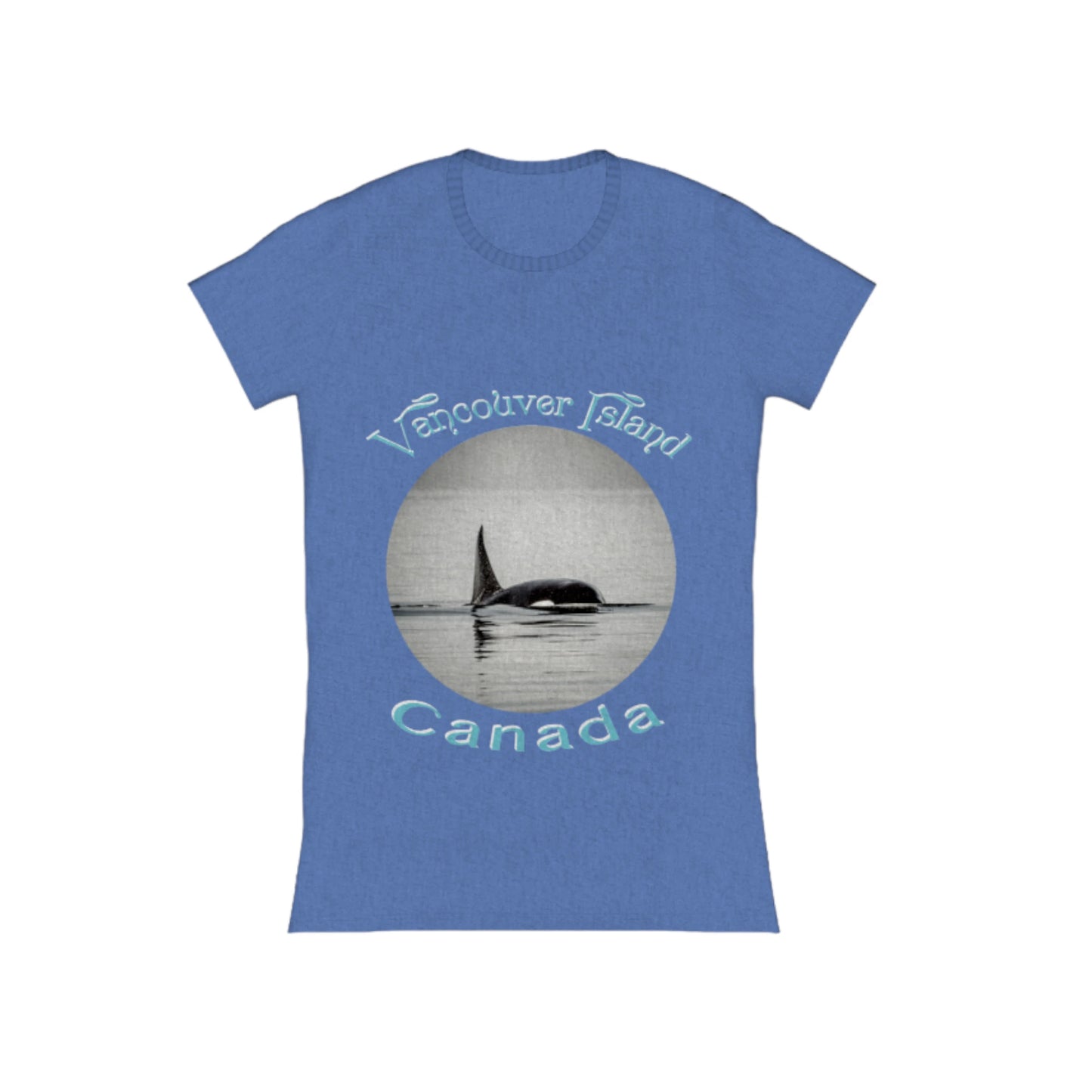 Orca Spray Vancouver Island Canada Comfort Slim Fit T-shirt. The image on the front of the t shirt is a orca in the ocean . The words on the shirt read vancouver island canada