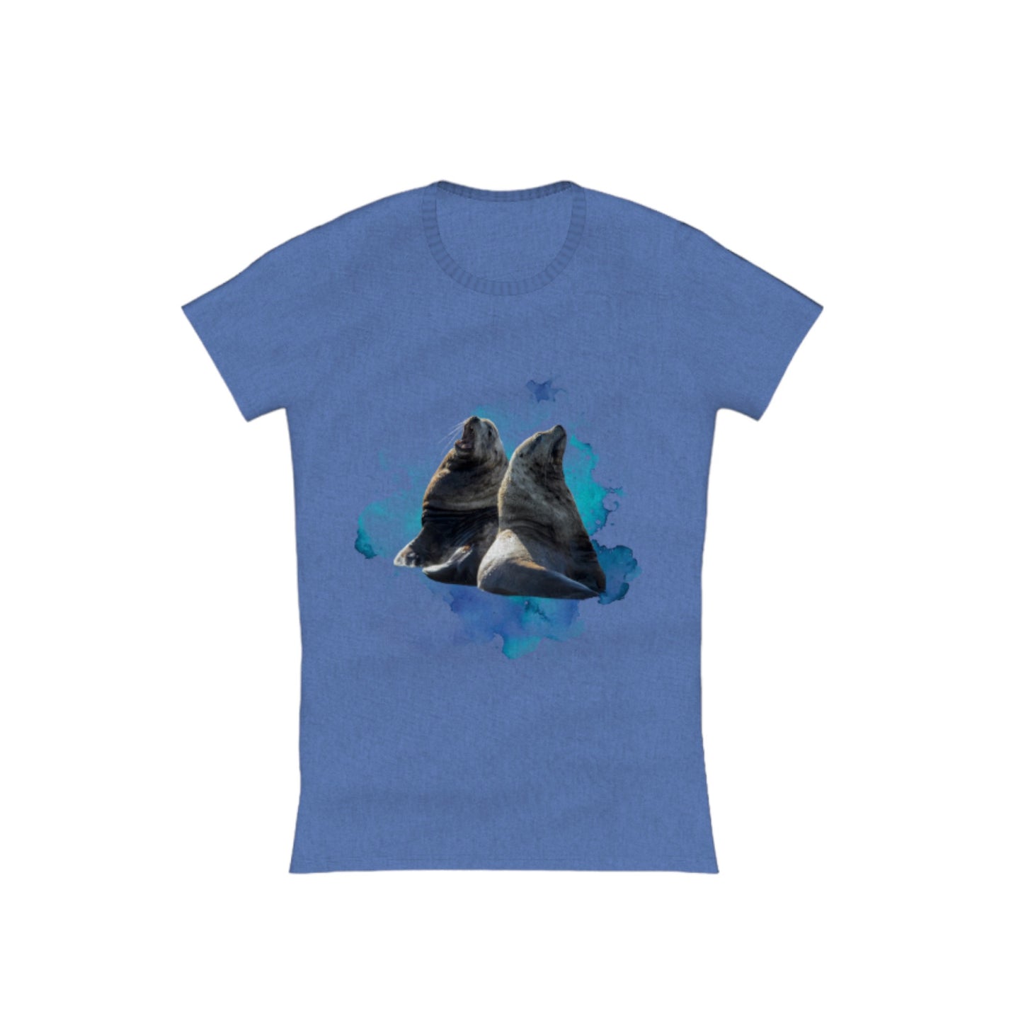 Sea Lions Communication Comfort Slim Fit T-shirt. The image is of two sea lions with a ocean blue abstract background.