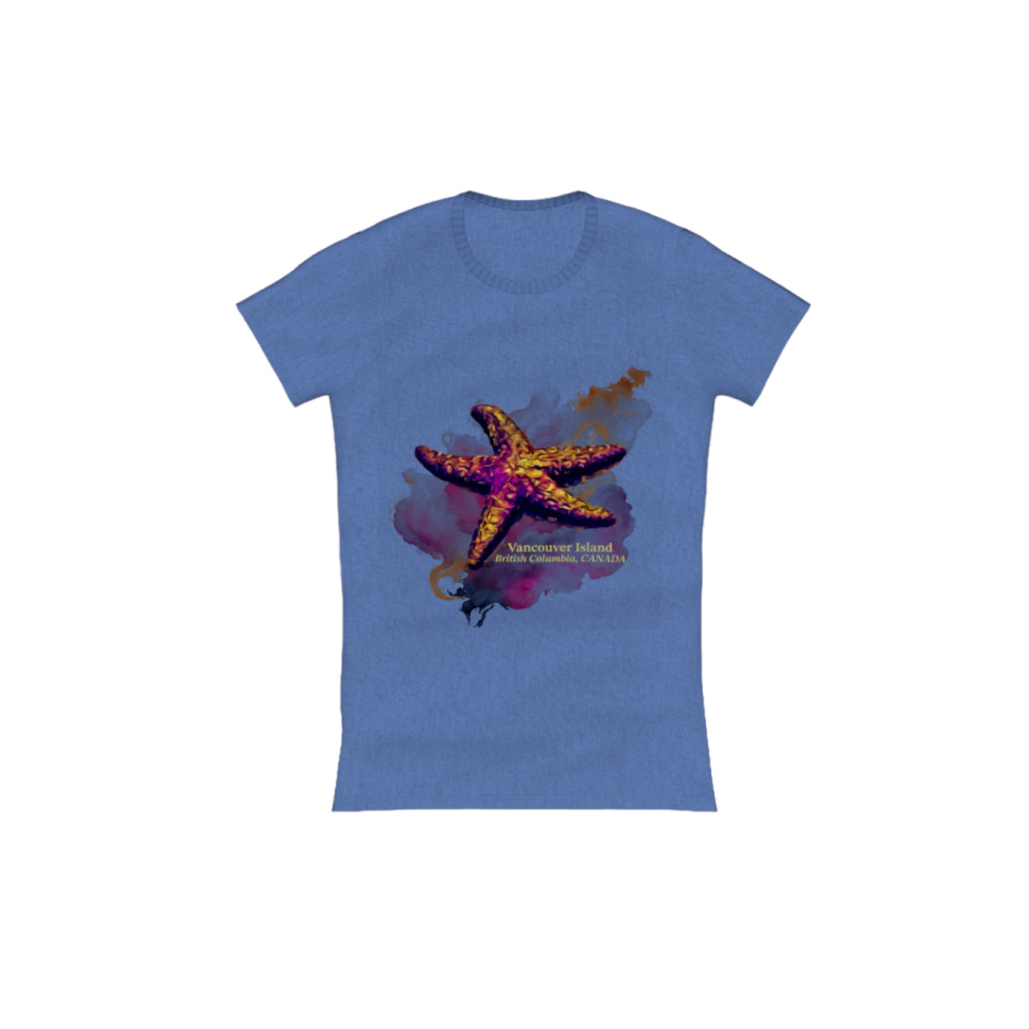 Star Track Vancouver Island BC Canada Comfort Slim Fit T-shirt. The image is of a starfish with a colourful abstract background. The words read Vancouver Island British Columbia Canada