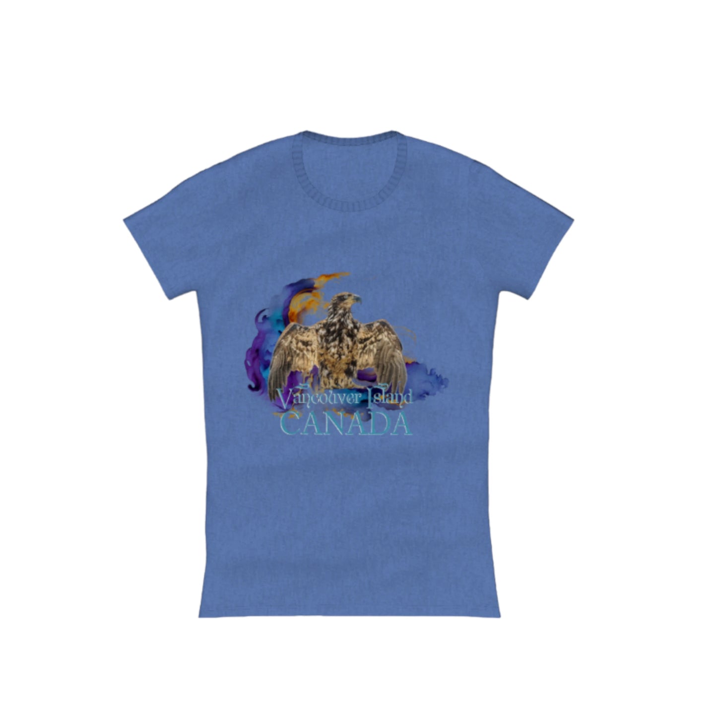 Thunderbird Vancouver Island Canada Comfort Slim Fit T-shirt. the image is of a eagle in the thunderbird position with a colourful abstract background. the words read Vancouver Island Canada