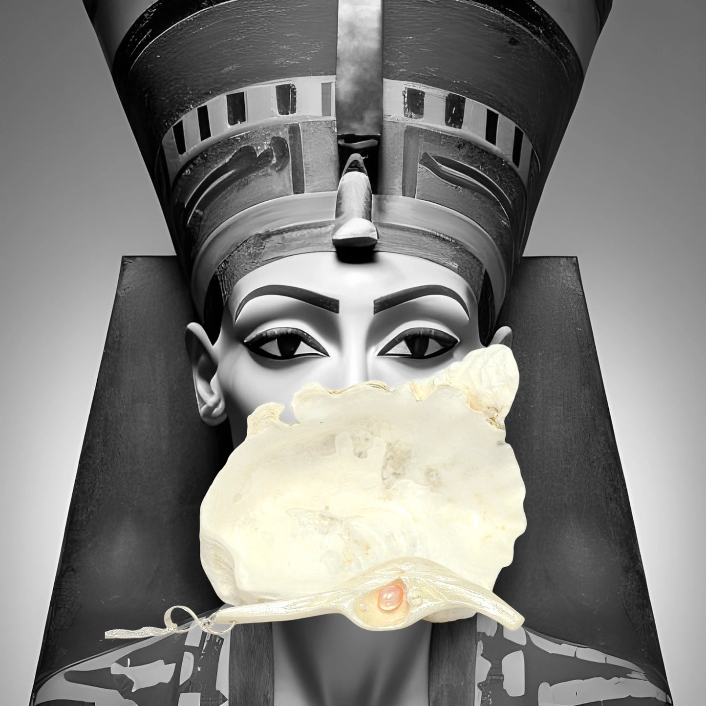 Nefertiti natural seashell and a real 8 mm pink freshwater Pearl, a baby pearl and a 5mm faceted Herkimer diamond compliments the pendant. Nefertiti graces the background.