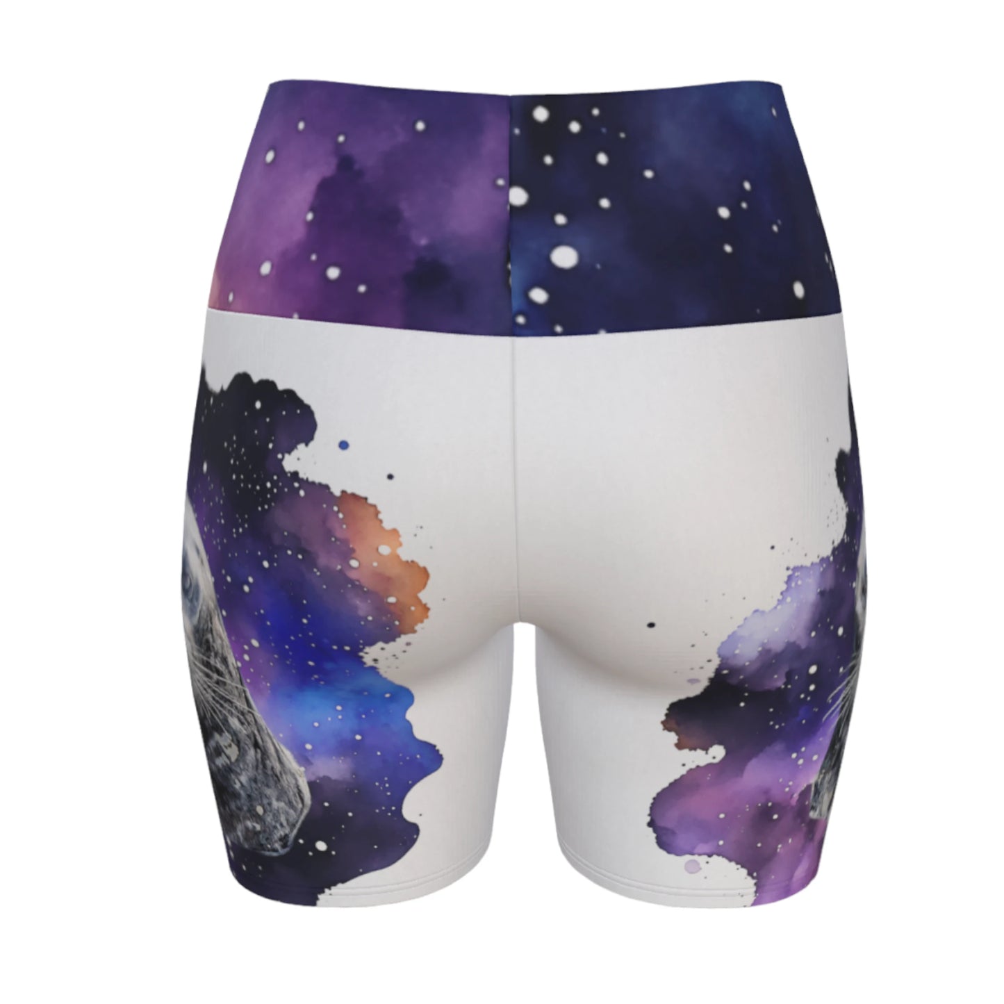 I Love Lucy Yoga shorts. All over print with a colourful celestial abstract and a image of a harbour seal named Lucy. The shorts are white with the image printed on it plus the band.