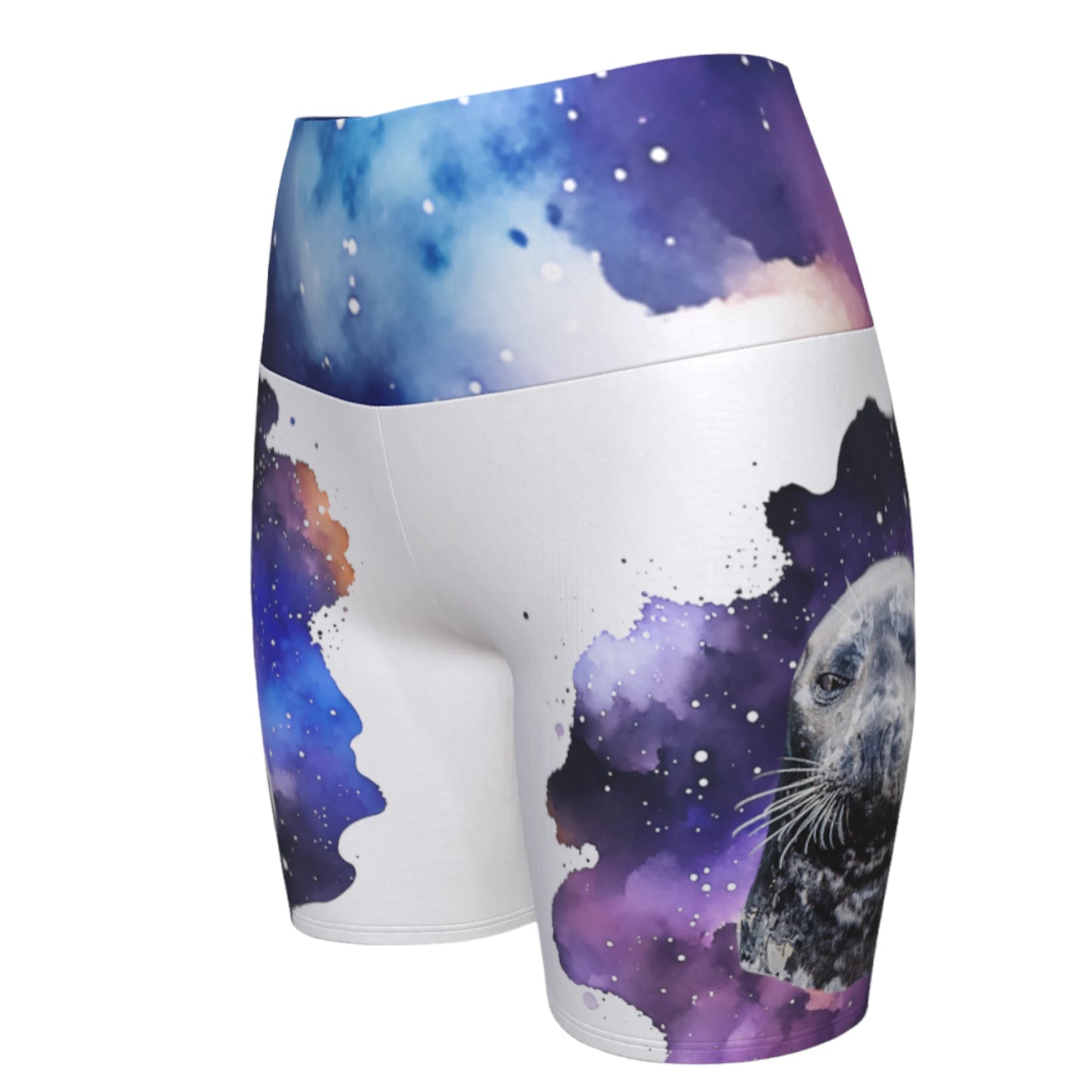 I Love Lucy Yoga shorts. All over print with a colourful celestial abstract and a image of a harbour seal named Lucy. The shorts are white with the image printed on it plus the band.