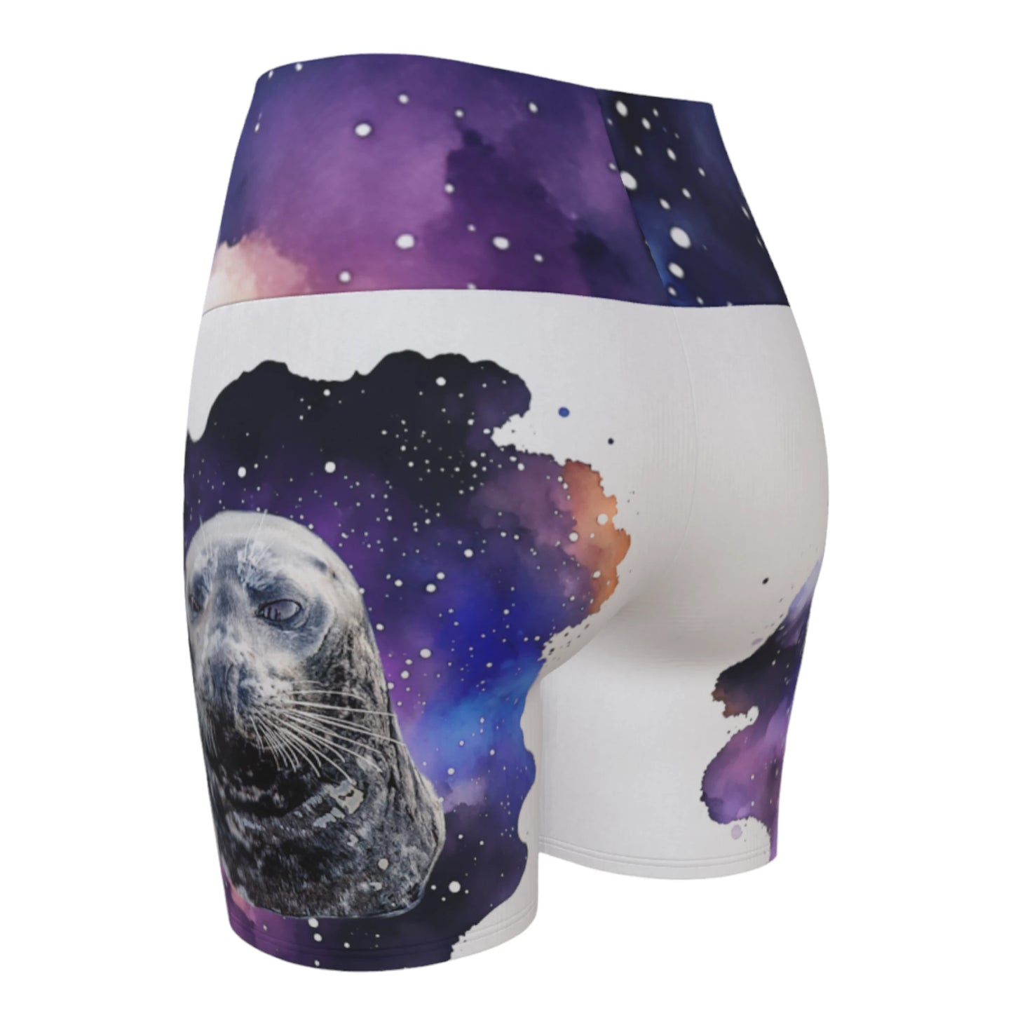 I Love Lucy Yoga shorts. All over print with a colourful celestial abstract and a image of a harbour seal named Lucy. The shorts are white with the image printed on it plus the band.