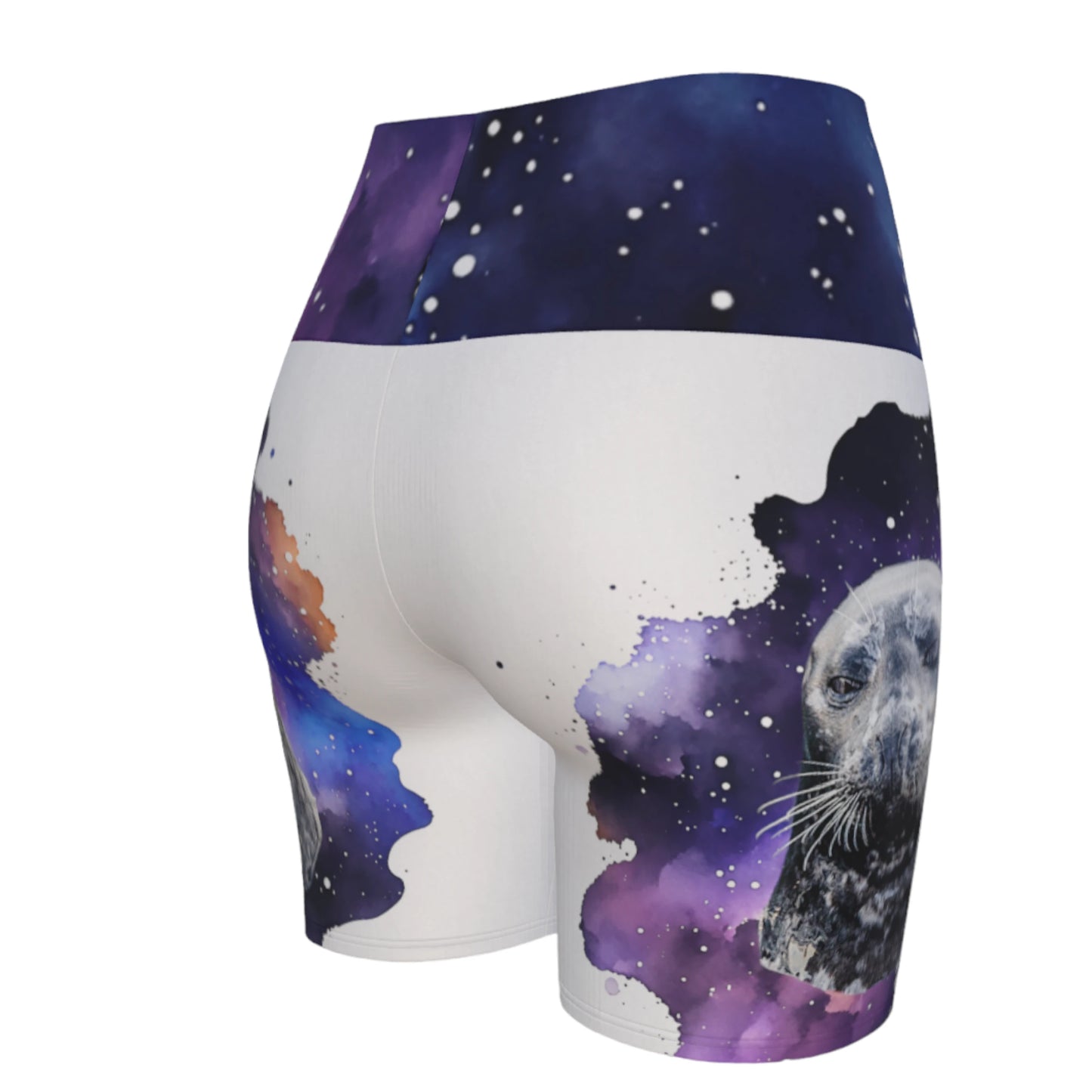 I Love Lucy Yoga shorts. All over print with a colourful celestial abstract and a image of a harbour seal named Lucy. The shorts are white with the image printed on it plus the band.