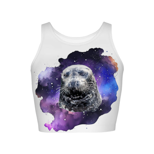 I Love Lucy Active Crop Top. Lucy, a charming harbour seal, calls the picturesque Nanaimo Harbour her home. The image is of a harbour seal close up with a colourful celestial background on a white crop top.