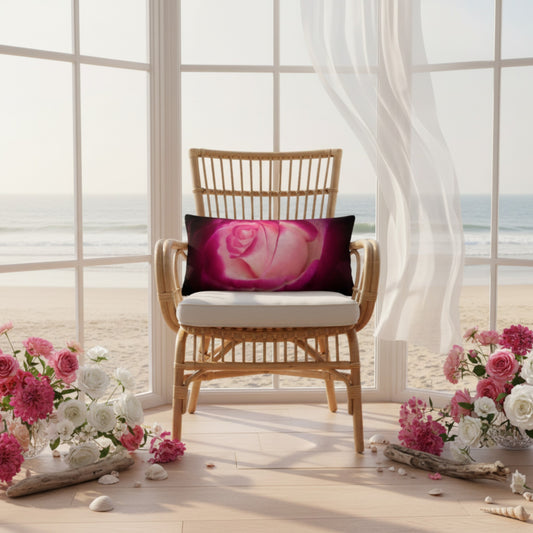 Rose pillow on a rattan chair in a ocean front room.