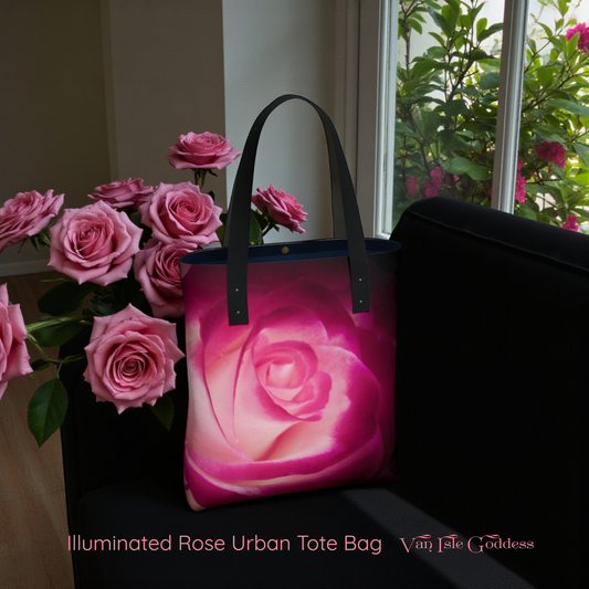 Tote bag with pink rose design on a black surface, surrounded by pink roses.