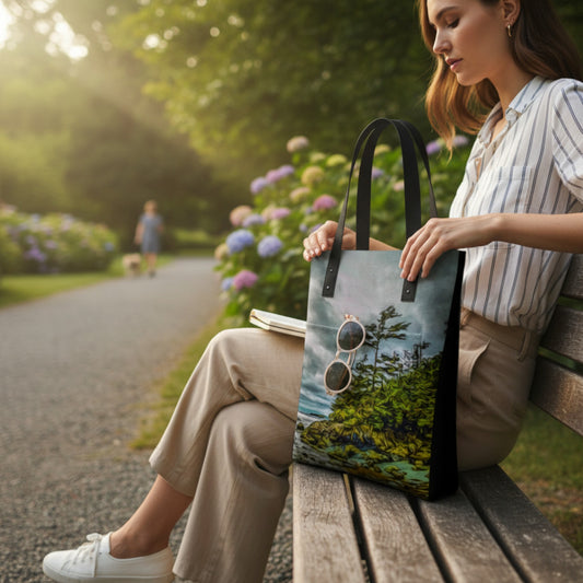 Woman sitting on a bench holding a tote bag with a scenic design, surrounded by a park setting.