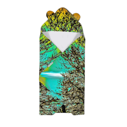 Colorful patterned baby wrap with bear design on a white background