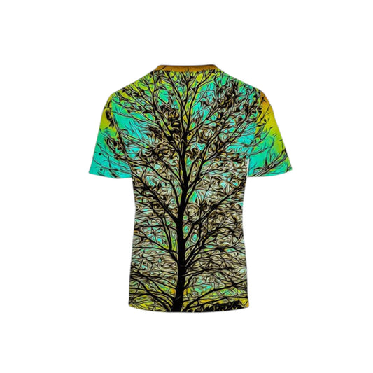 Back side of the All over printed men's Vancouver Island T-shirt. The image is of the top of a tall tree with the sun setting behind it.