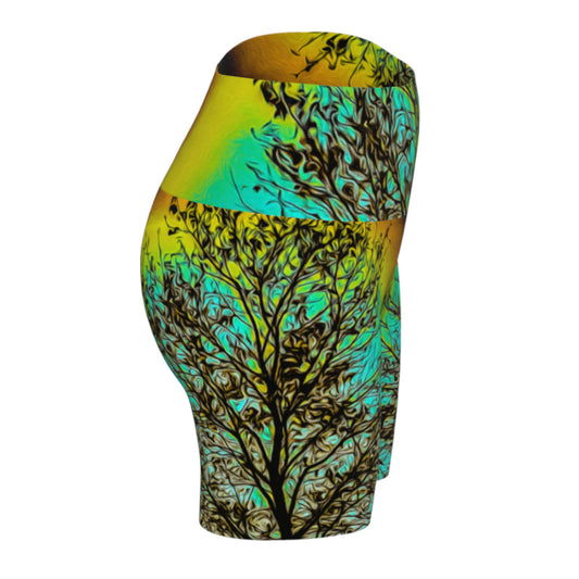 Island Tree of Life yoga shorts features an all over print. the image is of a tree with a turquoise background.