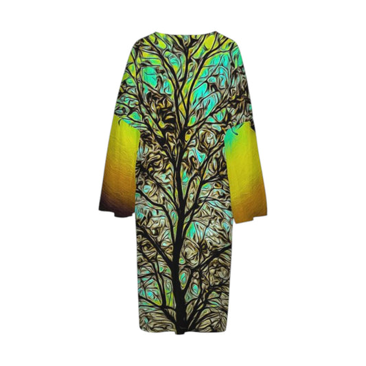 Backside All over print long sleeve kimono featuring a tree with turquoise background.