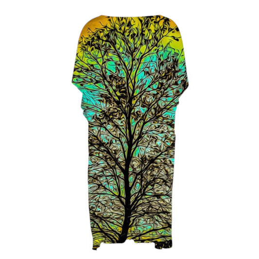 Reverse side All over print short sleeve kimono wrap featuring a tree with turquoise background.