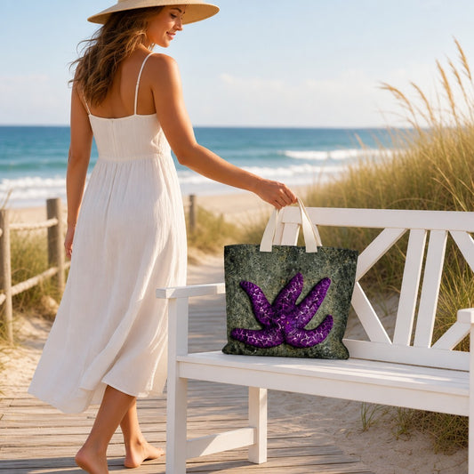 A woman in a white sundress and wide-brim hat stands on a beach boardwalk beside a white bench, holding a tote bag with a purple starfish design on a dark textured background. The beach, ocean, and dune grass are visible behind her.