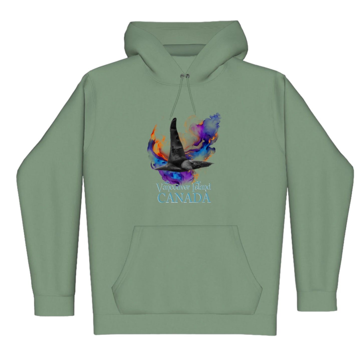 Orca Aura Vancouver Island Canada Premium Pullover Hoodie. The image is of male orca dorsal fin with a colourful abstract background. The words read Vancouver Island Canada.