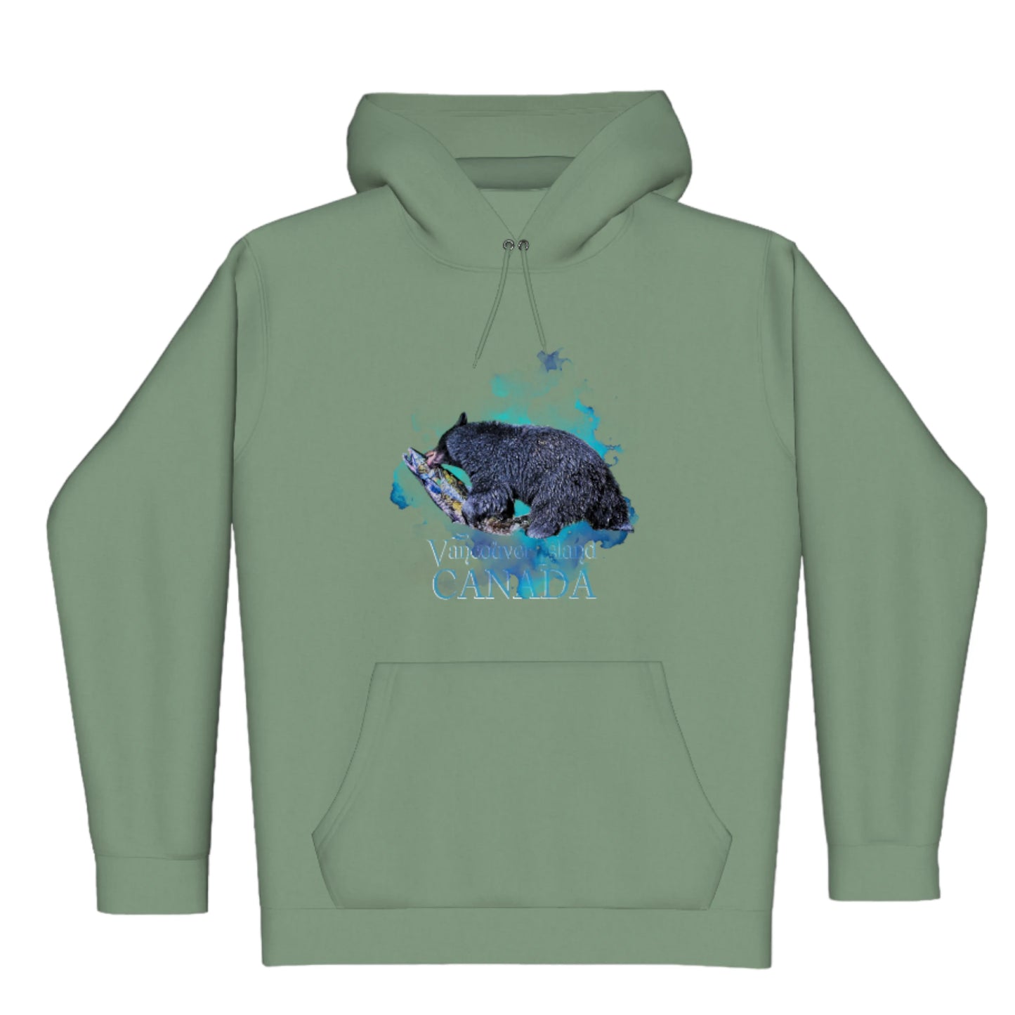 Salmon Bear Vancouver Island Canada Premium Pullover Hoodie. The image is of a bear with a fresh caught salmon in its mouth. The background is a colourful blue turquoise abstract.