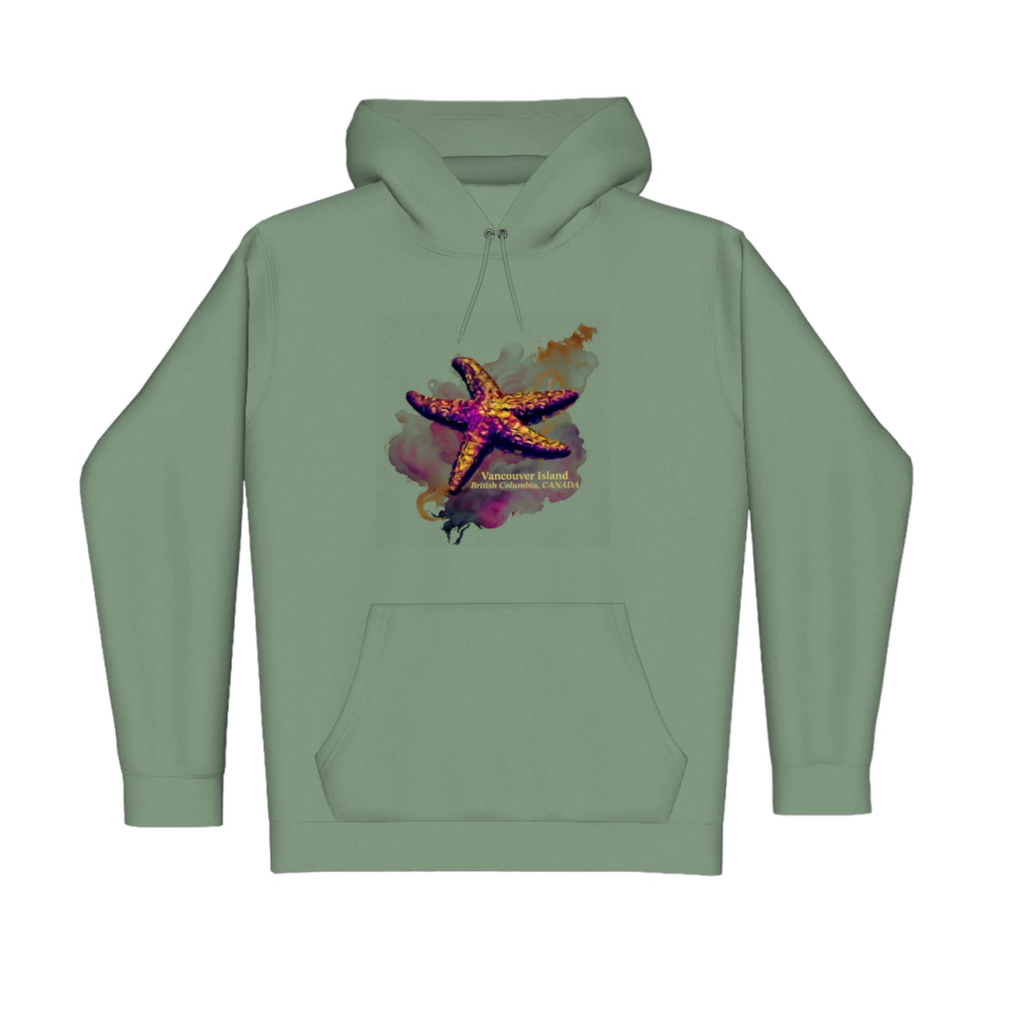 Star Track Vancouver Island BC Canada Premium Pullover Hoodie. The image is of a starfish with a colourful abstract background. The words read Vancouver Island British Columba, Canada.