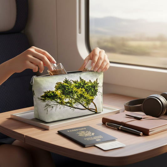 Person on a train with a travel bag, notebook, and passport.