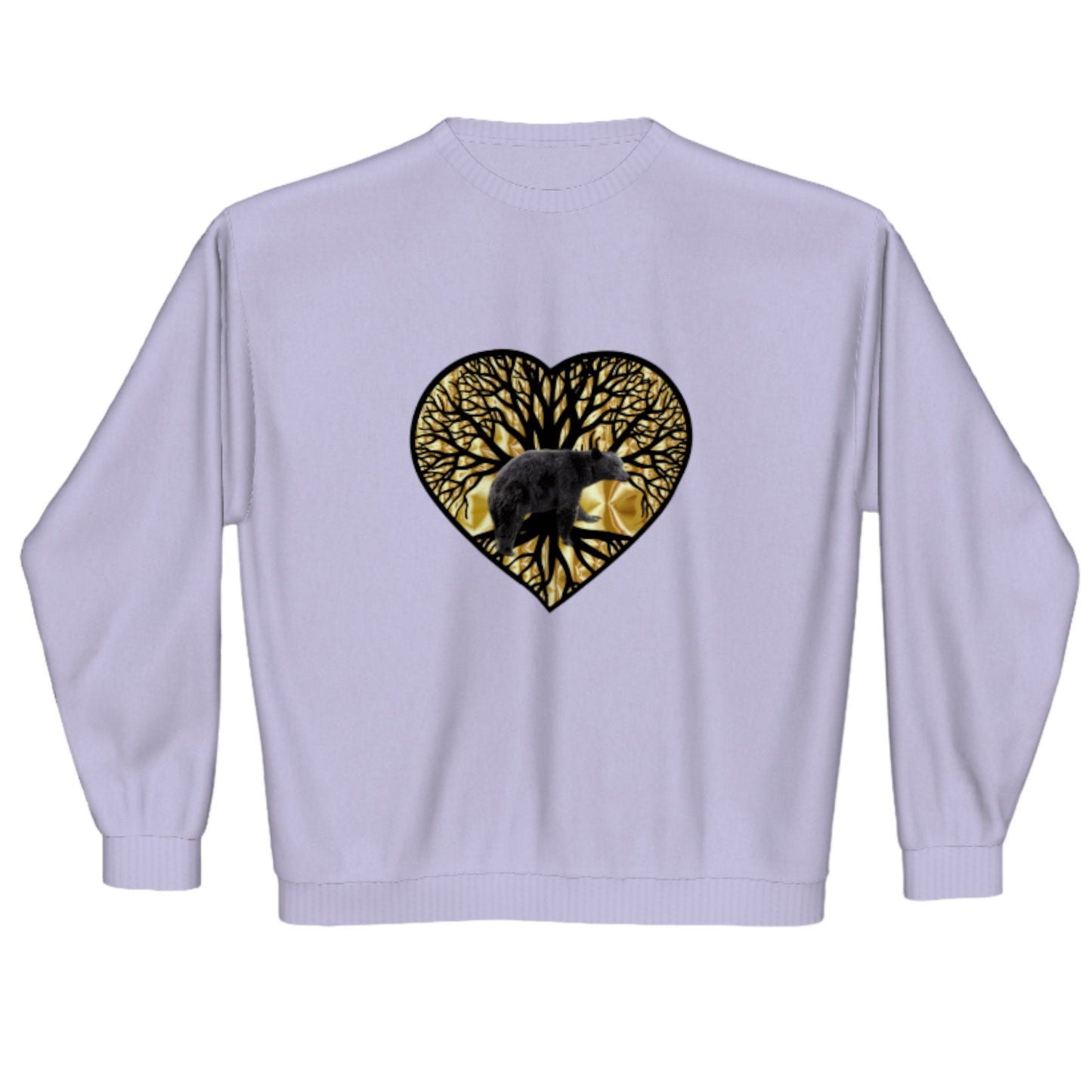 Bear Heart Premium Crewneck Sweatshirt. The image is of a heart with a tree of life and a bear with a gold background.