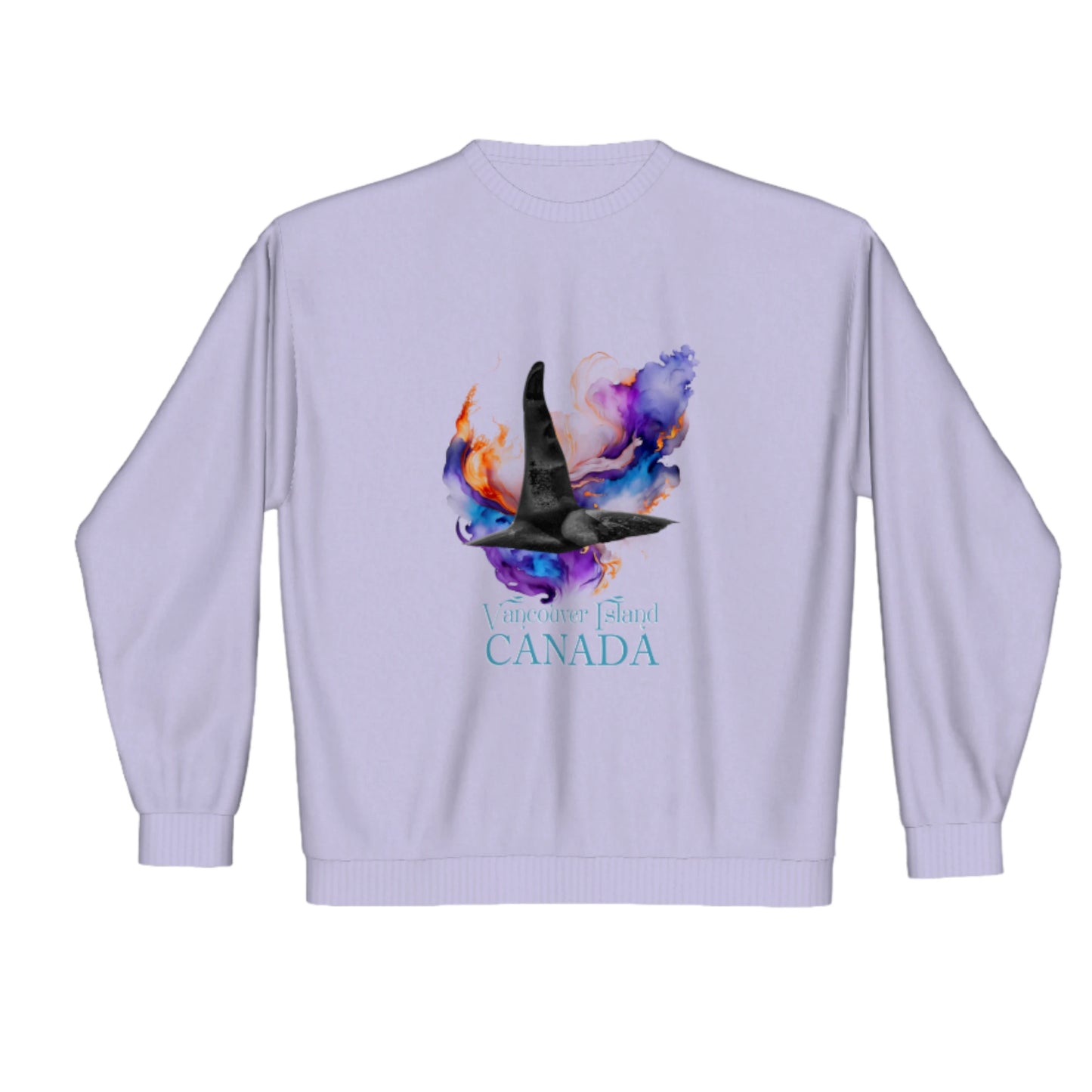 Orca Aura Vancouver Island Canada premium crewneck sweatshirt. The image is of a male orca dorsal fin with colourful abstract background.