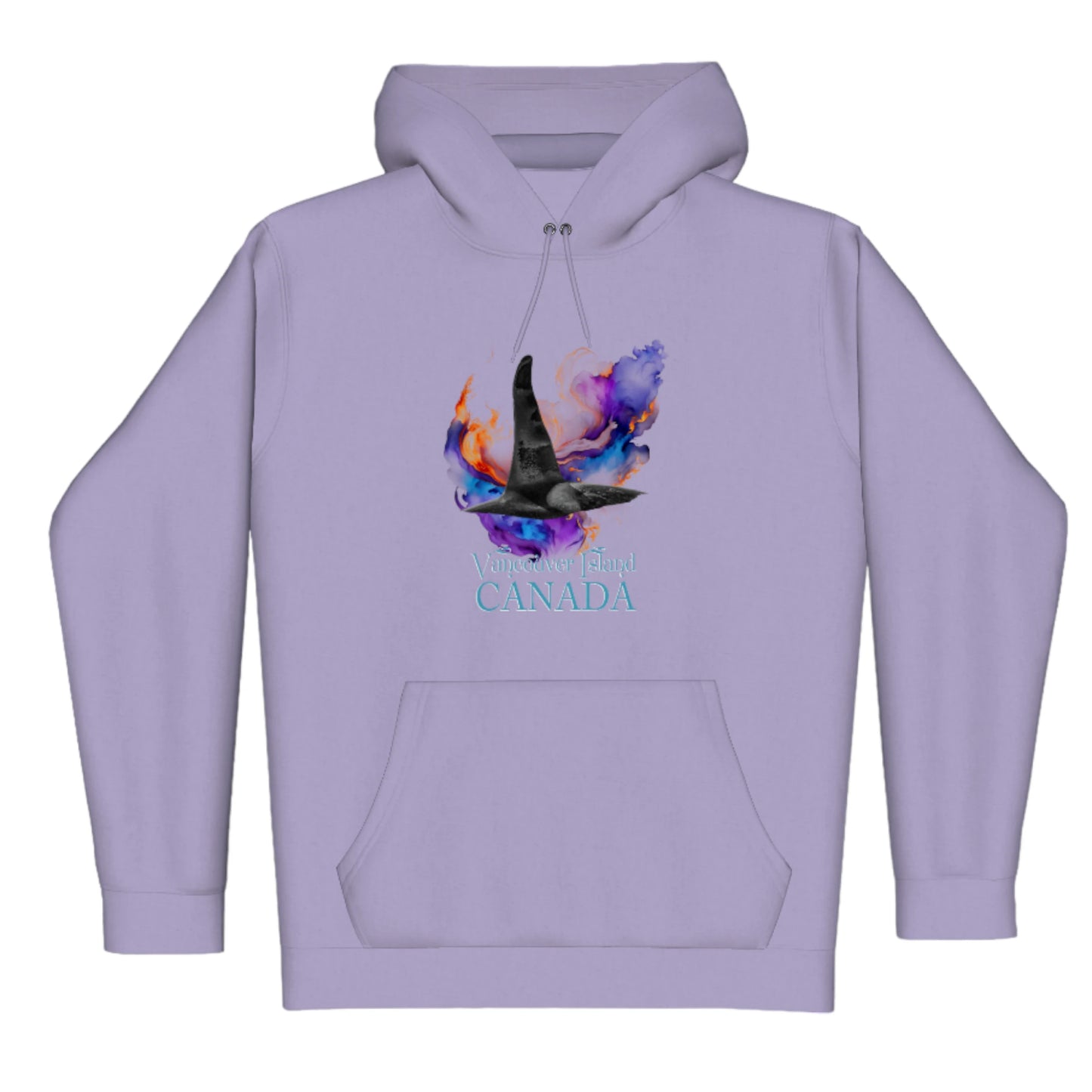 Orca Aura Vancouver Island Canada Premium Pullover Hoodie. The image is of male orca dorsal fin with a colourful abstract background. The words read Vancouver Island Canada.