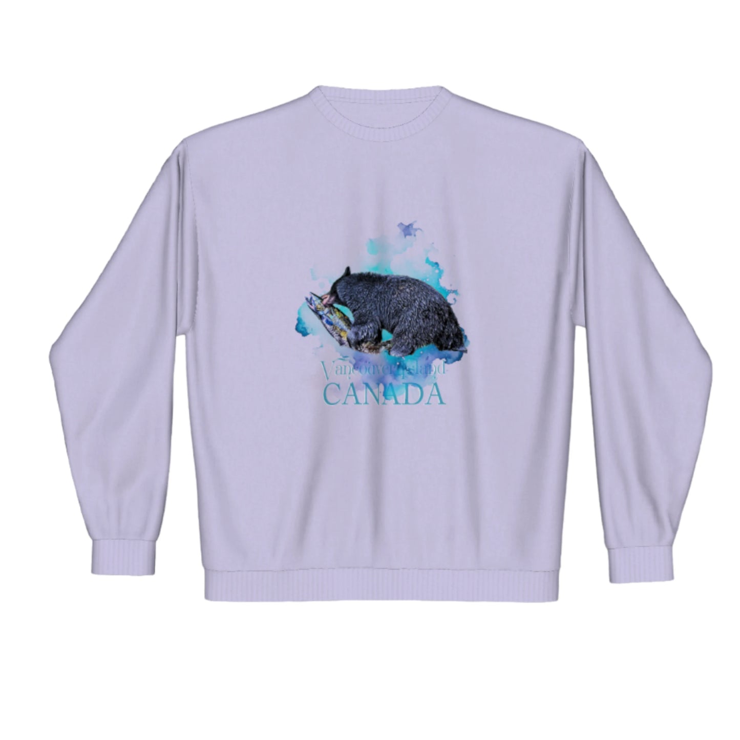 Salmon Bear VAncouver Island Canada Premium crewneck sweatshirt. The image is of a bear with a fresh caught salmon it is mouth.