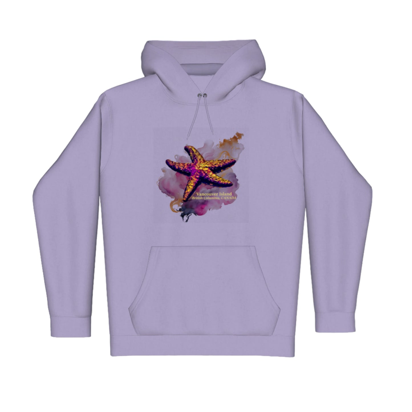 Star Track Vancouver Island BC Canada Premium Pullover Hoodie. The image is of a starfish with a colourful abstract background. The words read Vancouver Island British Columba, Canada.