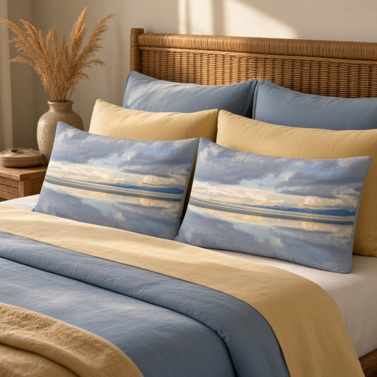 A styled bed with blue and beige bedding, including two decorative square pillows printed with a blue sky and reflective water scene, set in a warm, sunlit bedroom.