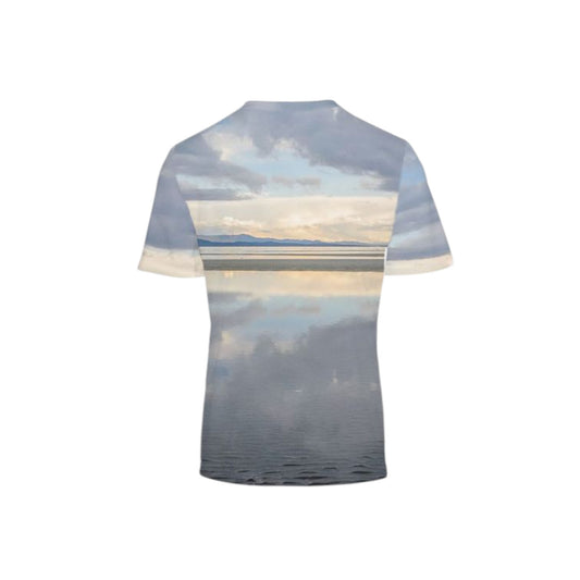 Back side of the All over print men's Vancouver Island T-shirt. The image is of a early morning sunrise in Parksville over the beach.